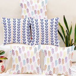 STITCHNEST Blue & White Set of 5 Floral Square Cushion Covers-7