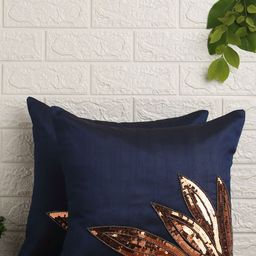 Alina decor Navy Blue & Copper-Toned Set of 2 Embellished Square Cushion Covers-8