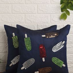 Alina decor Navy Blue & White Set of 2 Embellished Square Cushion Covers-19