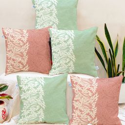 STITCHNEST Pastel Green & Peach-Coloured Set of 5 Floral Square Cushion Covers-1