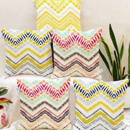 STITCHNEST Teal & Yellow Set of 5 Geometric Printed 18" X 18" Square Cushion Covers-29