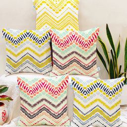 STITCHNEST Yellow & Off White Set of 5 Geometric Printed Square Cushion Covers-20