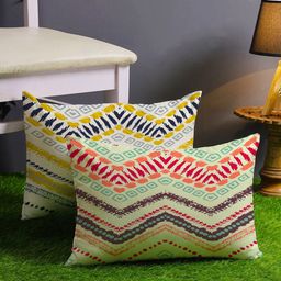 STITCHNEST Set of 2 Yellow & Off White 12" x 18" Geometric Rectangle Cushion Covers-3