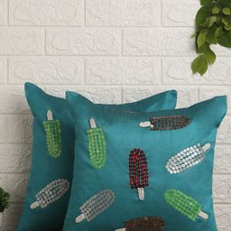 Alina decor Teal & White Set of 2 Embellished Square Cushion Covers-30