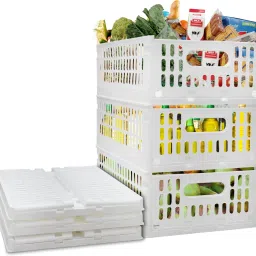 aditya polymers Stack-It-All Multi Purpose Foldable Basket-Stack and Slide,White-Pack of 3 Pcs. Plastic, Polypropylene Fruit & Vegetable Basket image 2