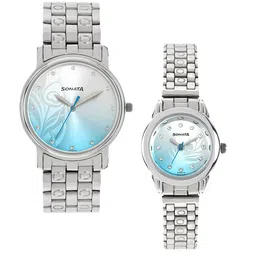 Sonata Silver-Toned & Blue Dial Set of 2 His & Her Watches 10138925SM01-52