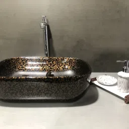 Designer Wooden Ceramic Wash Basin with Waste Pipe & Coupling set (18*13*5)(M57) Table Top Basin-image-33