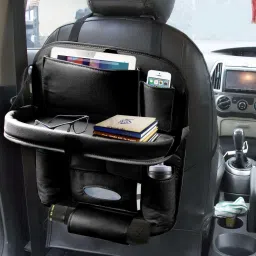 PU Leather Seat Back Organizer Multi Pocket with Tray Travel Storage Bag (Black) Car Storage Bag & Bin-picture-24