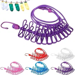 Multi Functional Drying Rope with 12 Clips and 2 Hooks Plastic, Stainless Steel Cloth Clips-24