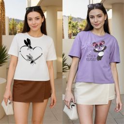 Pack of 2 Women Printed Round Neck Polyester White, Purple T-Shirt-image-65