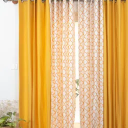 the yellow dwelling Mustard Cotton Geometric 7.5Ft Semisheer Eyelet 4 Door Curtains-picture-32