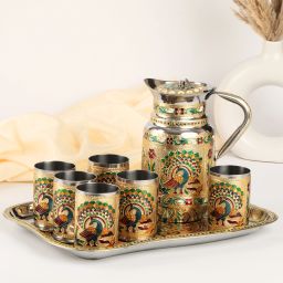 Navrang Steel Serving Glass Tray Jug Set Meenakari Tray Return Gifts Jug Glass Tray Set-image-12