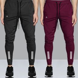 Pack of 2 Men Striped Maroon, Black Track Pants-image-72
