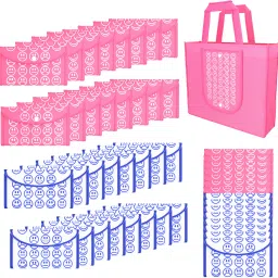 Pack of 48 Smile Foldable Shopping Bags For Women | Pink & White Blue Pack of 48 Grocery Bags-image-89