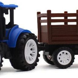 Medium size friction powered plastic tractor toy with trailer wagon behind-image-32