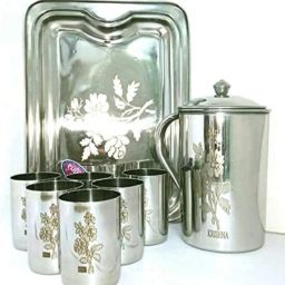 Krishna Steel lesar flower print Jug Glass Tray Set-image-3
