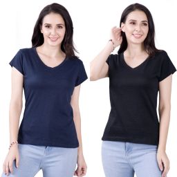 Pack of 2 Women Solid V Neck Cotton Blend Black, Navy Blue T-Shirt-image-4