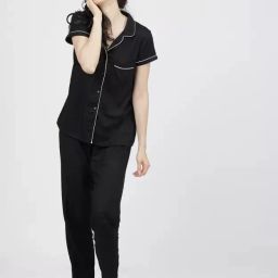 Women Shirt & Pyjama set Black Printed-image-4