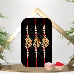 Designer PEACOCK RAKHI PACK OF 3 Gold Finish Rakhi, Chawal Roli Pack Set-image-29