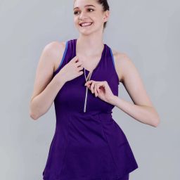 Women's Racerback swimsuit frock Style with front zipper top and boyshorts Solid Women Swim-dress Purple Swimsuit-image-92