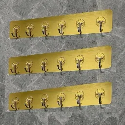 3 PCS 6 Hook Strip Golden Hooks for Wall Without Drilling, Wall Mounted Hooks Hook Rail 18-69