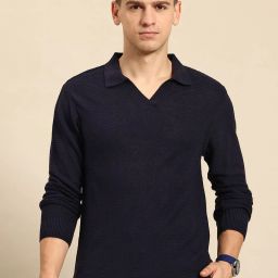 Men Self Design V Neck Blue Sweater-image-62