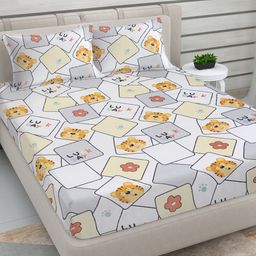 KLOTTHE White & Grey Cartoon Printed 300 TC King Fitted Bedsheet With 2 Pillow Covers-image-52