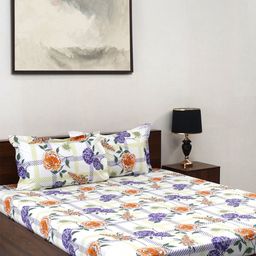BOMBAY DYEING Allure Purple Floral Cotton 144TC Fitted Bedsheet Set-1.52m X 1.98m X30cm-45