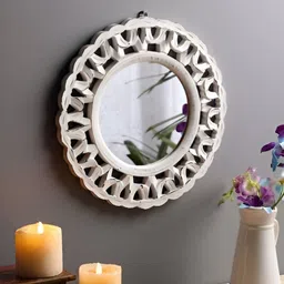 VAS collection home White Textured Wooden Round Wall Mirror-9