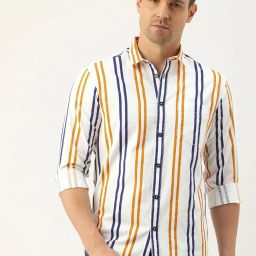 Men Slim Fit Striped Cut Away Collar Casual Shirt-image-47