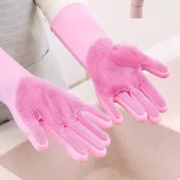 Silicon Gloves with Wash Scrubber Reusable Heat Resistant Kitchen Tool for Cleaning, Dish Washing Wet and Dry Glove-43