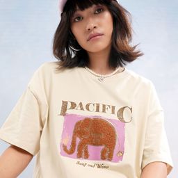 tokyo talkies Women Self Design Round Neck Pure Cotton Beige T-Shirt-picture-10