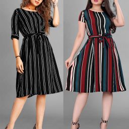 Women A-line Multicolor Knee Length Dress-image-56
