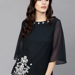 Pannkh Navy Blue Embroidered Sheer Top-4