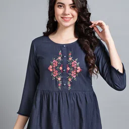 MOJILAA Floral Embellished Round Neck Gathered or Pleated A-Line Top-36