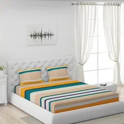 Moca By Monte Carlo Beige & Blue Striped Microfiber 104 TC Queen Bedsheet with 2 Pillow Covers-25