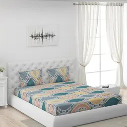 Moca By Monte Carlo Blue & Yellow Ethnic Motifs 104 TC Queen Bedsheet with 2 Pillow Covers-image-54