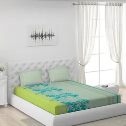 Moca By Monte Carlo Green & Blue Printed 104 TC Queen Bedsheet with 2 Pillow Covers-9