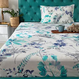URBAN SPACE Serene Turquoise Blue Floral Cotton 200 TC Single Bedsheet & 1 Pillow Cover-image-19