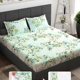 Story@home Lime Green & Blue Floral 144 TC Queen Fitted Bedsheet with 2 Pillow Covers-picture-17