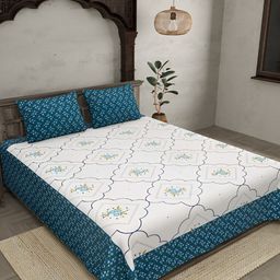 JAIPUR FABRIC White & Blue Ethnic Motifs Cotton 260 TC King Bedsheet With 2 Pillow Covers-image-24