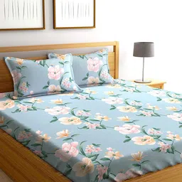 AEROHAVEN Yamuna Blue & Pink Floral Printed 240 TC Cotton Queen Bedsheet & 2 Pillow Covers-image-62