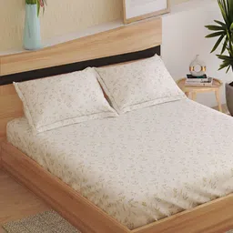 Home Centre Deauville White & Gold-Toned Floral Printed 250 TC Cotton King Bedsheet Set-image-33