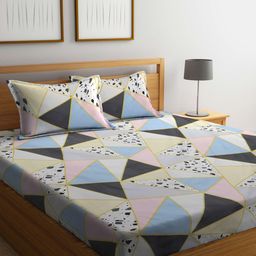 KLOTTHE Blue & Black Geometric-Printed 300TC Fitted Double Bedsheet With 2 Pillow Covers-image-13