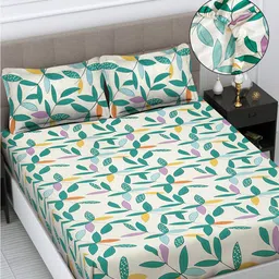 FABINALIV Cream Coloured & Green Floral 300 TC Fitted King Bedsheet with 2 Pillow Covers-image-102