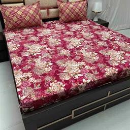 Pure Decor Leisure Fur White & Maroon Floral 230 TC King Bedsheet with 2 Pillow Covers-picture-54