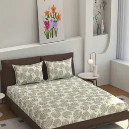 Florida Sea Green & Beige Floral Printed 200 TC Queen Bedsheet Set 2.28 m x 2.45 m-15