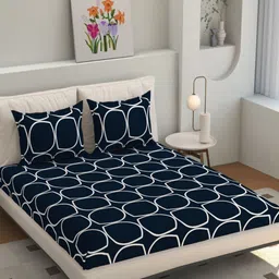 Florida Navy Blue & White Geometric Printed 200 TC King Bedsheet Set 2.28 m x 2.75 m-picture-21