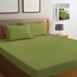 FABINALIV Olive Green Striped 300 TC Fitted King Bedsheet Set 2.7 m x 2.7 m-image-5