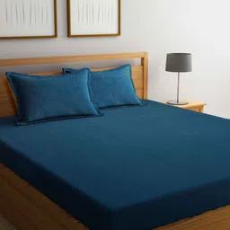 FABINALIV Blue 300 TC Woollen King Size Fitted Double Bedsheet with 2 Pillow Covers-image-34